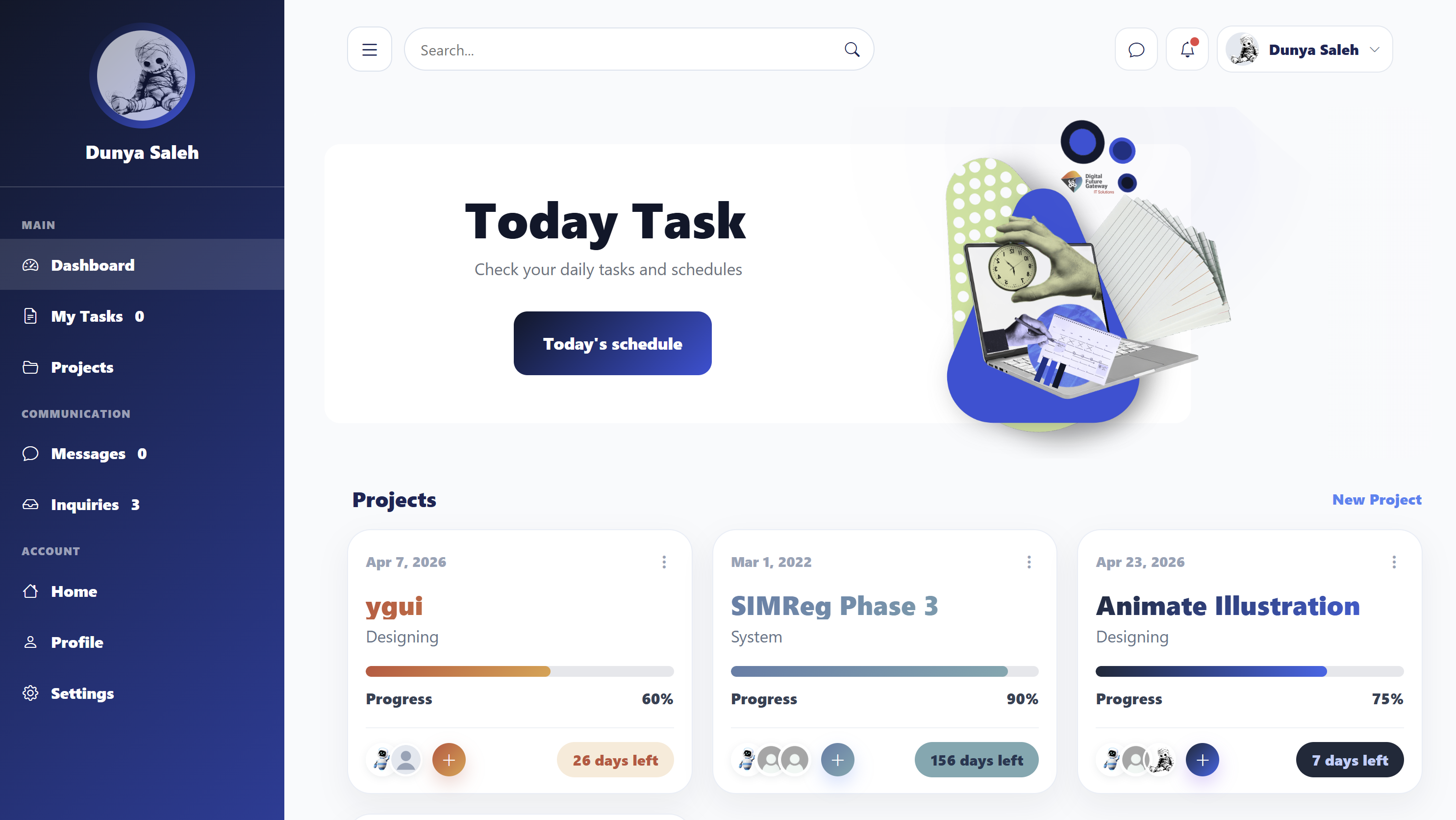 Dashboard page preview with today's tasks and project cards