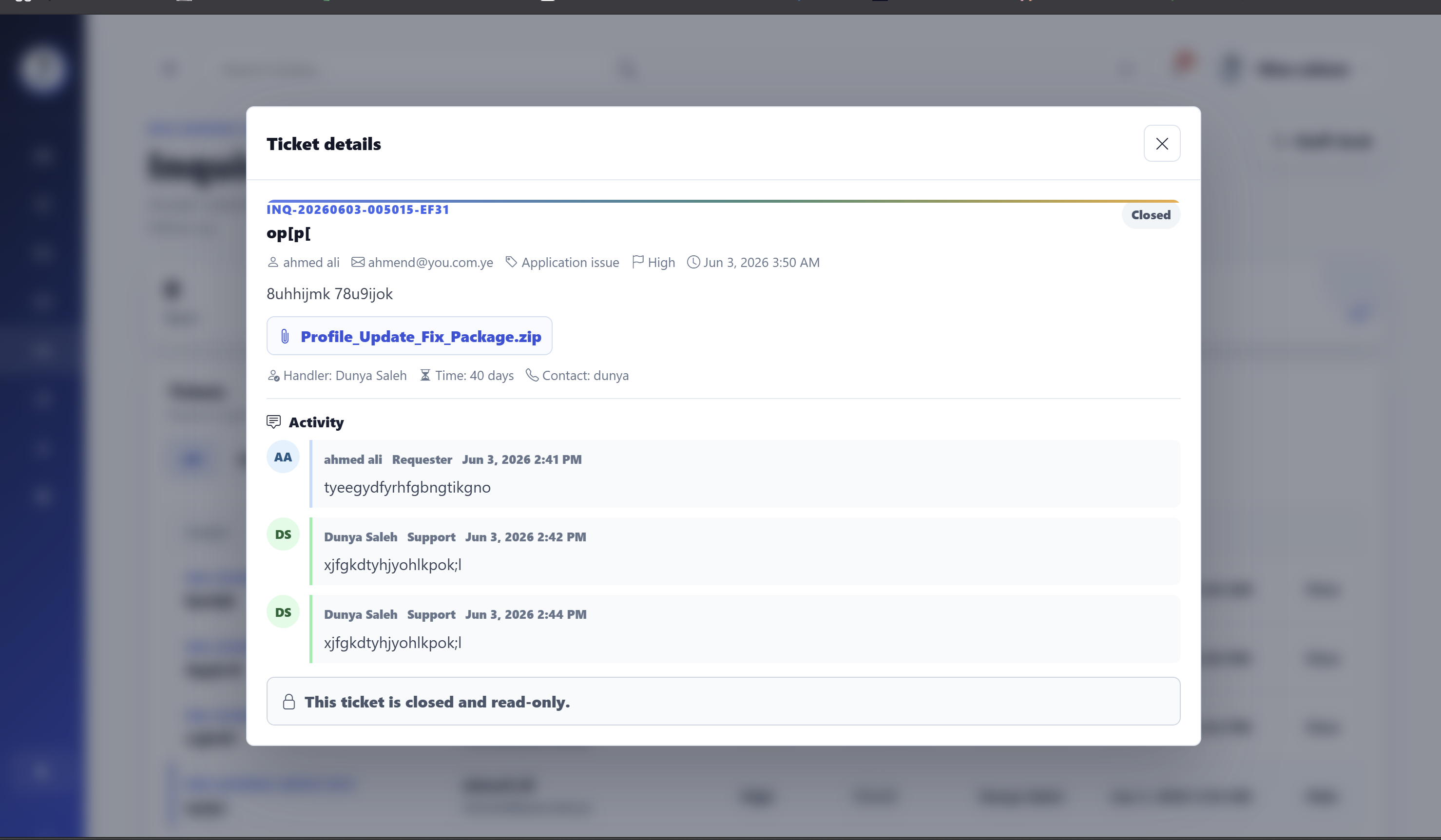 Inquiries queue page preview with ticket totals, filters, and ticket table