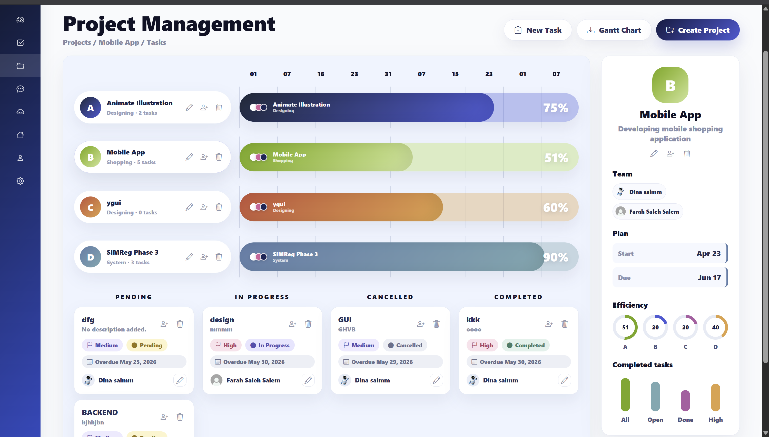 Project management page preview with Gantt chart, task columns, and team details