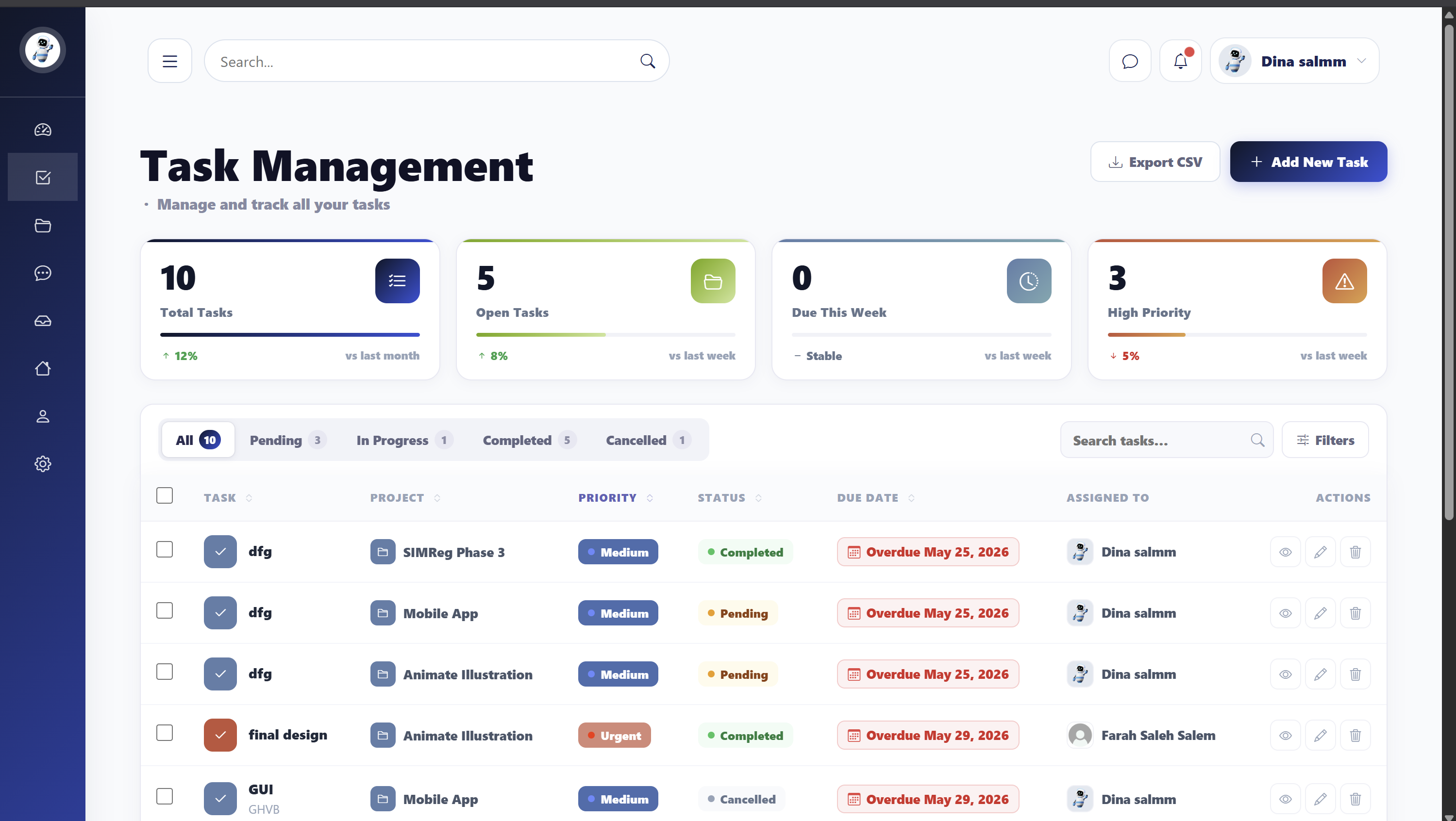 Task management page preview with filters, task rows, and task summary cards